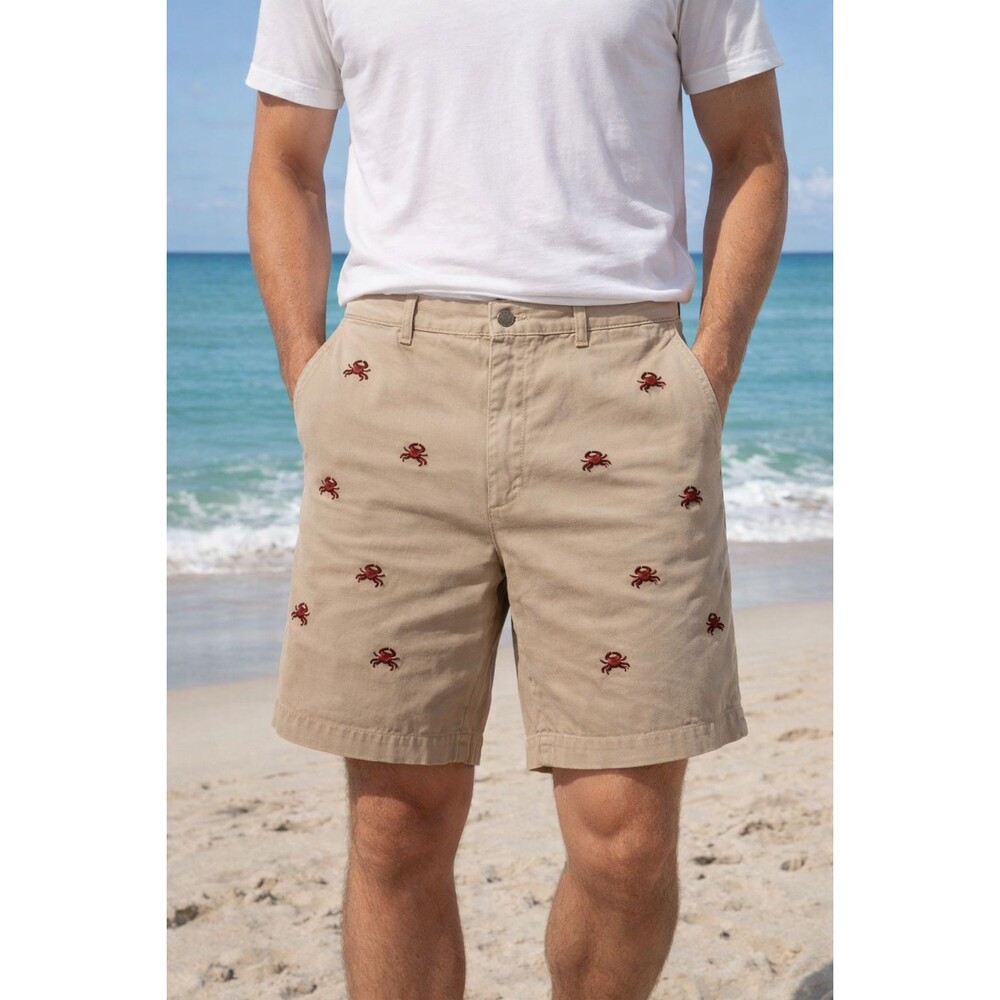 Paul Fredrick Men’s Khaki Shorts Size 38 – Crab Embroidery Coastal Fun!